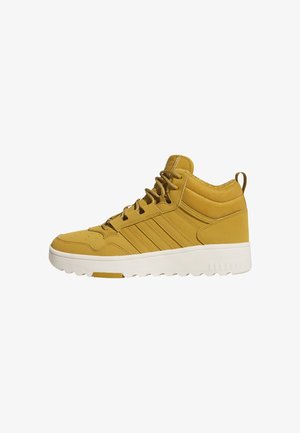 High-top sneaker with a yellow leather upper, white rubber sole, and three side stripes. Features padded collar and lace-up design.