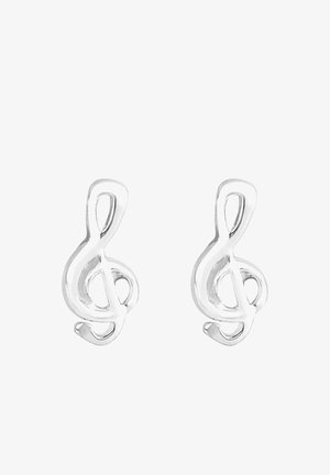 Silberne Musiknoten-Ohrringe mit polierter Oberfläche, die ein Violinschlüssel-Design und sanfte Kurven aufweisen. Geeignet für legere oder formelle Anlässe.