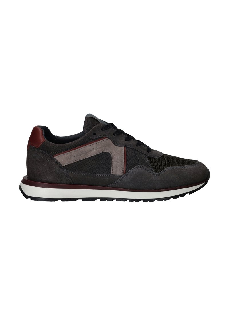 Grijze suède sneaker met mesh panelen, zwarte veters, rode accenten en een witte rubberen zool. Heeft een gevoerde tong en een versterkte hiel.