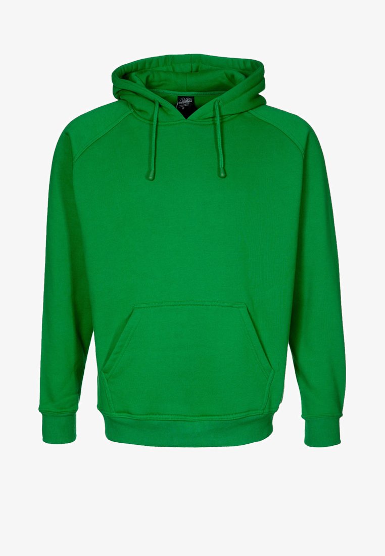 Felpa verde con cappuccio, tasca frontale, cappuccio con lacci, polsini e orlo a coste.