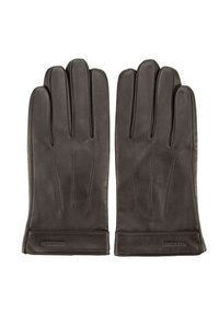 Gants en cuir noir avec trois lignes cousues au dos, texture lisse et design à poignet. Marque discrète sur le poignet.