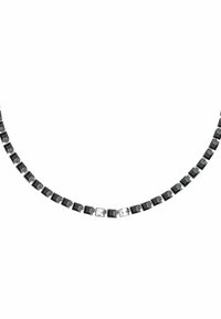 Collana nera e argento con anelli quadrati, alternando tra accenti neri lisci e chiari sfaccettati. Design elegante e geometrico.