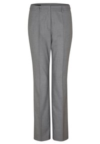 Pantalon habillé gris clair à jambes droites avec passants pour ceinture, fermeture éclair à l'avant et plis marqués.