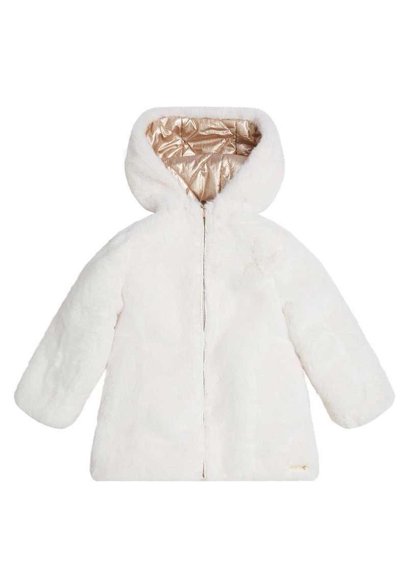 Hvid faux fur jakke med hætte, der har en lynlås lukning og en skinnende guld indvendig foring. Glat tekstur og oversized pasform.