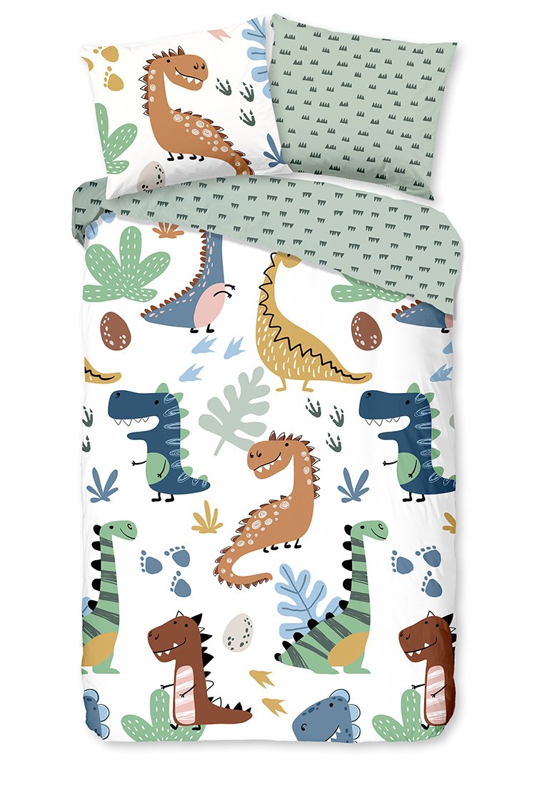 Ensemble de literie sur le thème des dinosaures avec des illustrations colorées sur fond blanc. Comprend une taie d'oreiller verte à motifs. Matière douce.