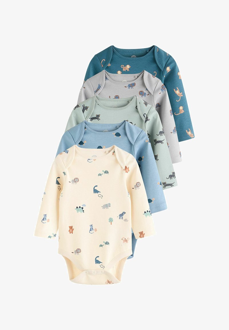 Pieci garie piedurkņu bodiji maigā kokvilnā, ar pasteļu krāsām un izklaidīgiem dzīvnieku drukājumiem. Katram ir snap slēgšana apakšā.