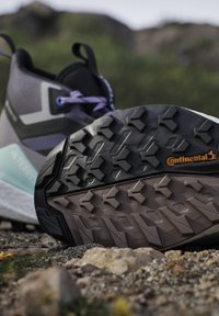 Chaussure de trail avec semelle en caoutchouc Continental noire et brune à motif, tige grise et bleu clair, reposant sur un sol rocheux en extérieur.