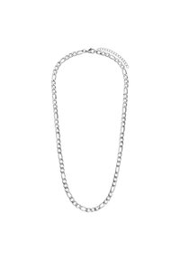Zilveren metalen ketting met elkaar verbonden schakels, met een gladde, gepolijste textuur en een lobster clasp sluiting.