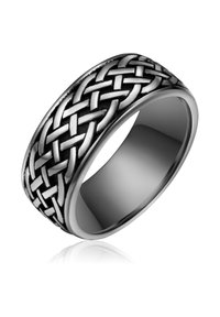 Black metal ring with a wide band featuring a braided pattern in silver. Smooth inner surface, high-polish finish, and contrasting textures.