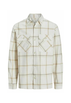 Lange mouwen shirt in lichtbeige stof met een geruit patroon met bruine accenten, twee borstzakken en een kraag. 