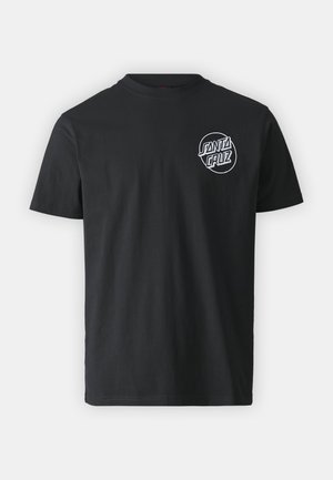 Schwarzes Kurzarm-T-Shirt mit rundem Halsausschnitt und kleinem weißen „Santa Cruz“-Logo in einem Kreis auf der linken Brust.