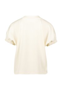 Kortek mouwen, crème kleurige top met een ronde halslijn en geplooide ruffle accenten op de mouwen. Glad stoftextuur, relaxed fit.