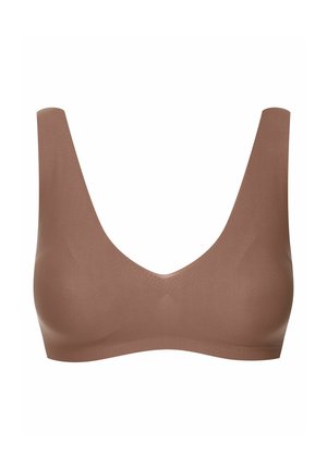 Brown, seamless bra with a deep V-neckline, wide straps, and a smooth, stretchy material. Simple design with no patterns or hardware.