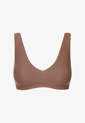 Brązowy, bezszwowy biustonosz z głębokim dekoltem w kształcie litery V, szerokimi ramiączkami i gładkim, rozciągliwym materiałem. Prosty design bez wzorów czy dodatków.