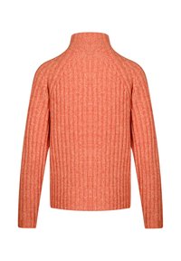 Rippstrick-Turtleneck-Pullover in meliertem Korallrot, mit hohem Kragen und langen Ärmeln mit Raglan-Nähten. Weiche Textur und lockere Passform.