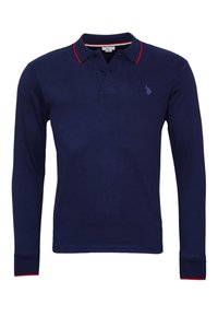 Navy long-sleeve polo shirt with red collar and sleeve accents. Features a two-button placket and small embroidered logo on the left chest.
