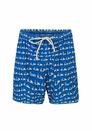 Pantaloni da nuoto blu con una stampa ripetitiva di scooter bianchi. Realizzati in materiale leggero con vita elastica e cordino.