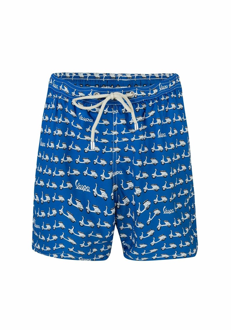 Pantaloni da nuoto blu con una stampa ripetitiva di scooter bianchi. Realizzati in materiale leggero con vita elastica e cordino.