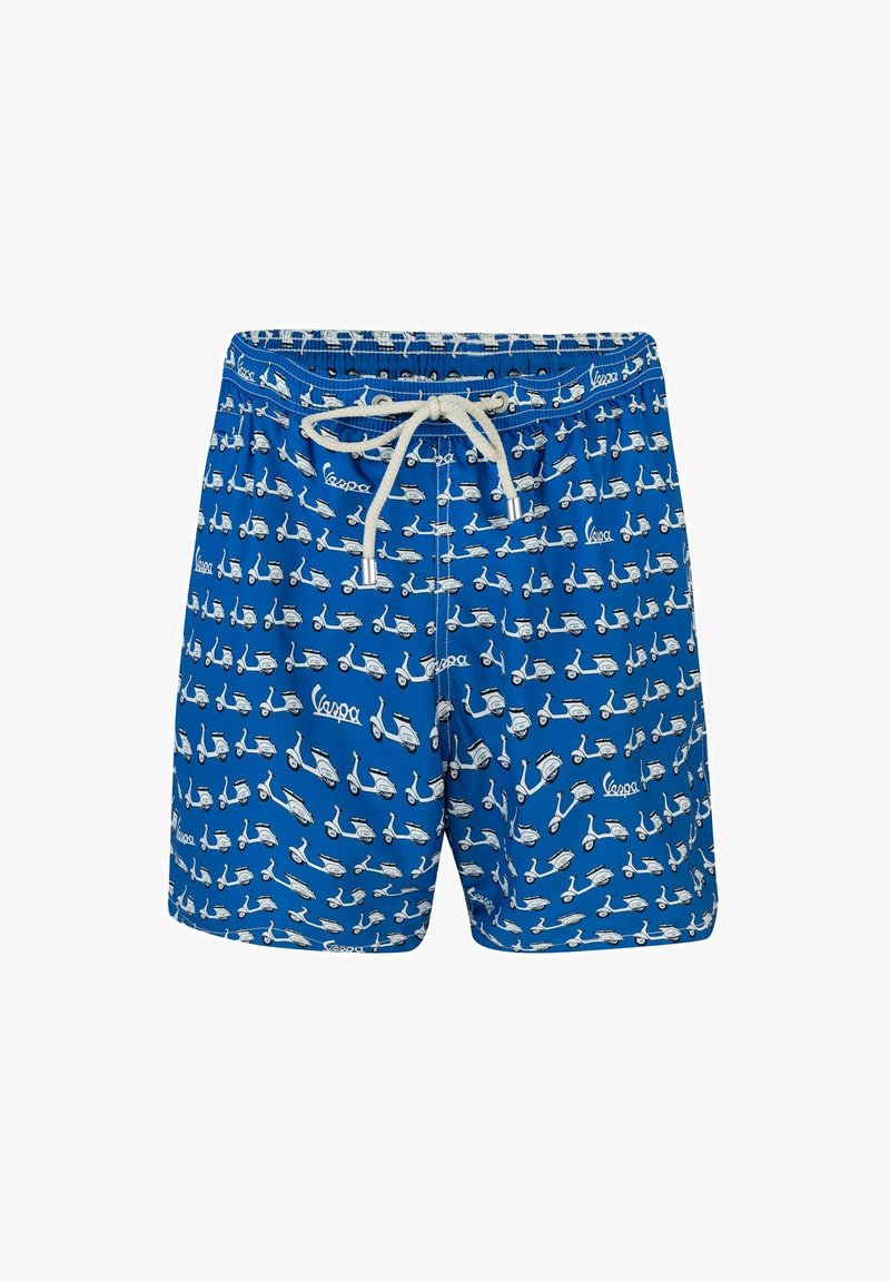 Pantaloni da nuoto blu con una stampa ripetitiva di scooter bianchi. Realizzati in materiale leggero con vita elastica e cordino.