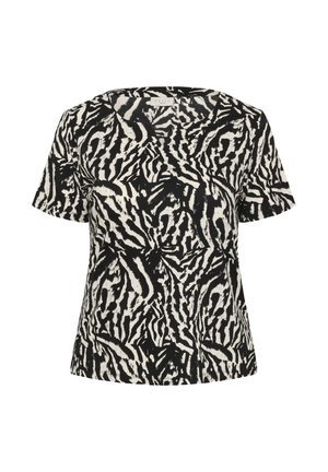 Mustvalge lühikeste varrukatega topp abstraktse seepra-laadse mustriga ja ümmarguse kaelusega.