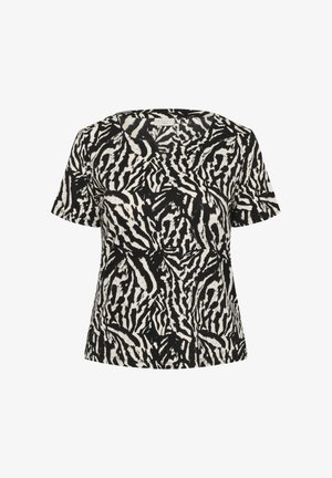 Črno-bela majica s kratkimi rokavi z abstraktnim vzorcem, podobnim zebri, in okroglim izrezom na vratu.