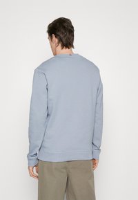 Felpa azzurra chiaro con maniche lunghe, colletto a girocollo, polsini e orlo ribattuti. Presenta una piccola accentuazione a righe sul retro del colletto.