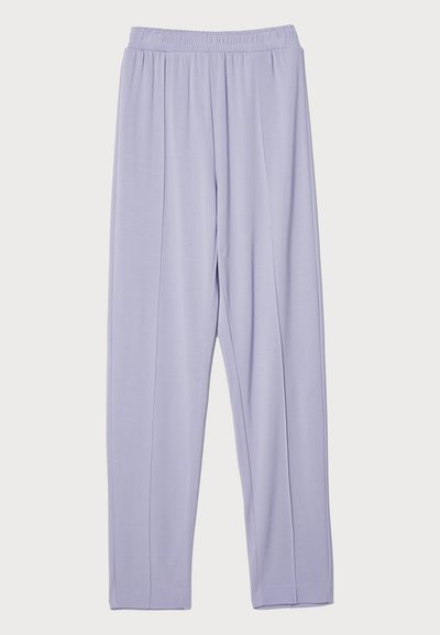 Lichtpaarse, elastische taille, losse broek met een gladde textuur en zijplooien. Ontworpen voor comfort en bewegingsvrijheid.