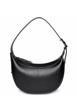 Borsa a mezzaluna in pelle nera con una tracolla regolabile e una chiusura superiore con cerniera.