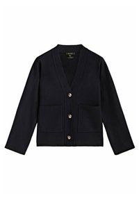 Navy blue knitted cardigan featuring a V-neck, long sleeves, two front pockets, and five metallic buttons down the front.