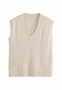 Beige gestrickter ärmelloser Pullover mit tiefem V-Ausschnitt, der eine gerippte Textur und Zopfmuster-Details entlang der vertikalen Linien aufweist.