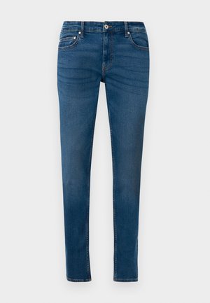 Blauwe denim jeans met een aansluitend ontwerp, vijf zakken, een rits met knoopsluiting en lichte vervaging op de dijen.