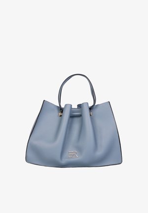 Borsa a mano in pelle azzurro chiaro con un unico manico e un logo "3R" argentato sul davanti, mostrata su uno sfondo bianco.