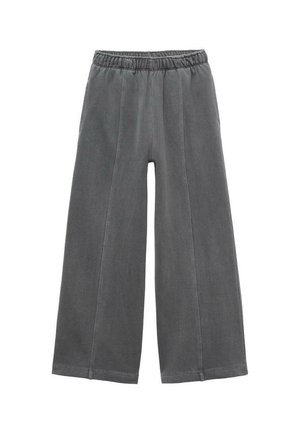 Weite Beinhosen aus dunkelgrauem Stoff, mit elastischem Bund, vertikalen Nahtdetails und einer glatten Textur.