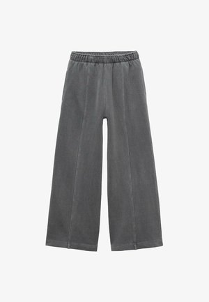 Weite Beinhosen aus dunkelgrauem Stoff, mit elastischem Bund, vertikalen Nahtdetails und einer glatten Textur.