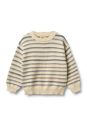 Pletený svetr v krémové barvě s vodorovnými pruhy v modré a červené. Má kulatý výstřih, volné rukávy a žebrované manžety a lem.