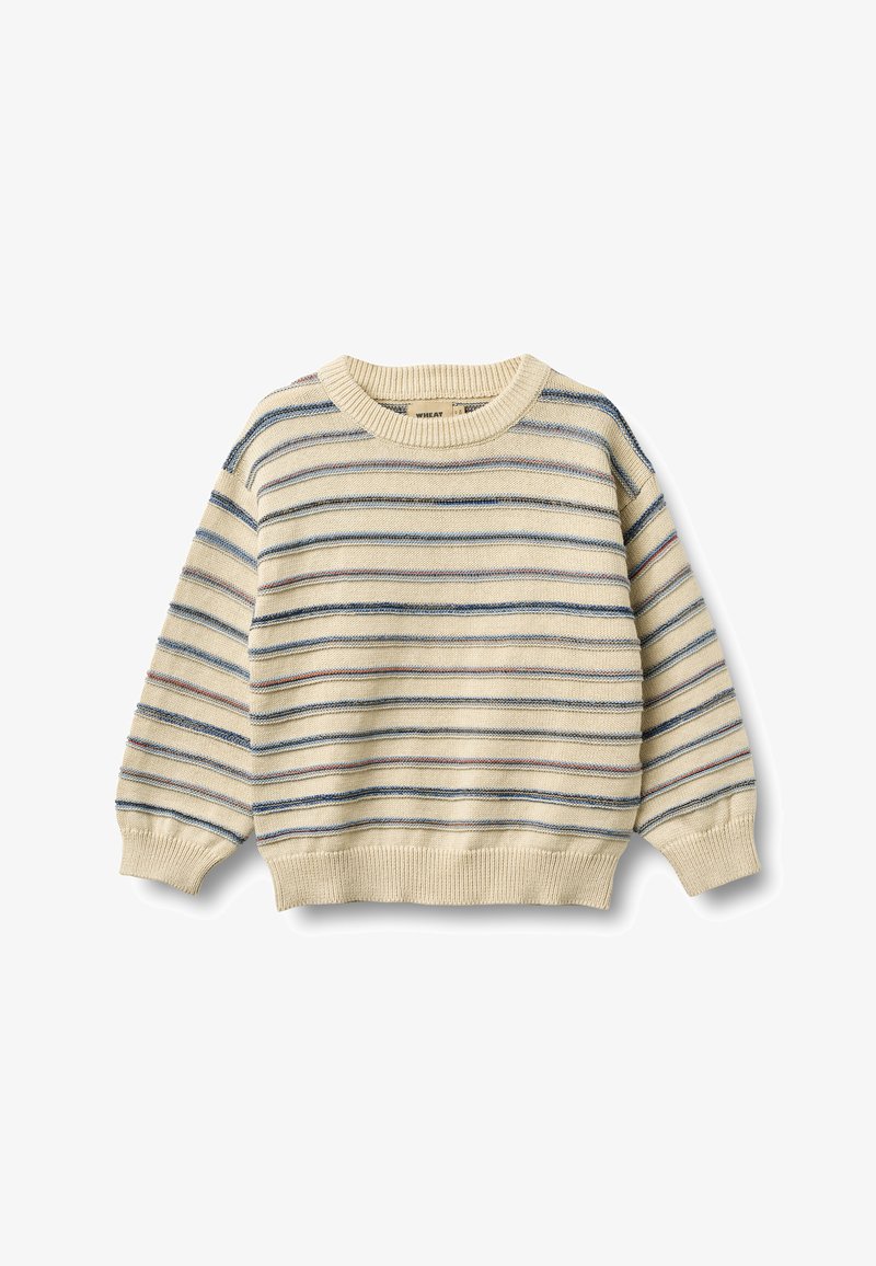 Pull en maille couleur crème avec des rayures horizontales en bleu et rouge. Il présente un col rond, des manches amples, ainsi que des poignets et un ourlet côtelés.