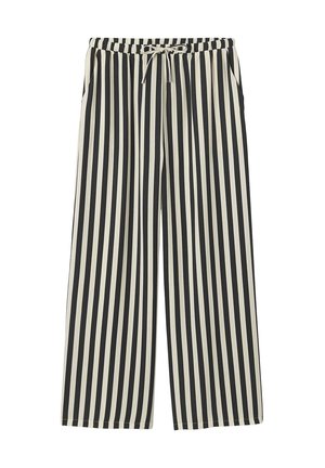 Pantalon large à rayures verticales noires et blanches avec taille élastique et cordon de serrage.