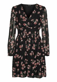 Robe noire à fleurs avec un décolleté en V à nouer, de longues manches transparentes et une taille smockée. Présente des motifs floraux roses et verts sur un tissu texturé.