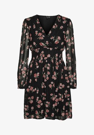 Melna ziedu kleita ar apvelkamu V-veida dekoltē, garām caurspīdīgām piedurknēm un elastīgu jostu. Saturs rozā un zaļus ziedu rakstus uz tekstūrētas auduma.