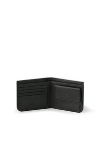 Portefeuille en cuir noir, design plié, avec plusieurs emplacements pour cartes d'un côté et une poche de l'autre. Texture lisse, détails minimalistes.