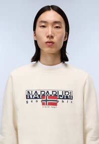 Crème sweatshirt met geribbelde ronde hals, met een opvallende grafische print van de Noorse vlag en de tekst "NAPAPIJRI geographic" in marineblauw.