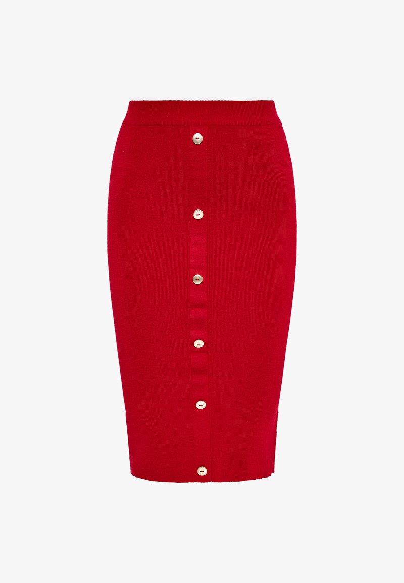 Roter Strickrock mit tailliertem Design, ausgestattet mit einem hohen Bund und einer Reihe weißer Knöpfe auf der Vorderseite. Glatte Textur, knielang.