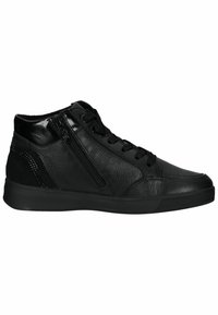 Black high-top sneakers featuring textured leather material, a side zipper, and contrasting accents. Smooth finish and rounded toe design.
