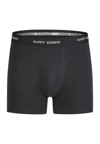 Zwarte katoenen boxer shorts met een strakke pasvorm, voorzien van een patroon op de elastische tailleband met het label "HAPPY SHORTS" en platte naden voor extra comfort.