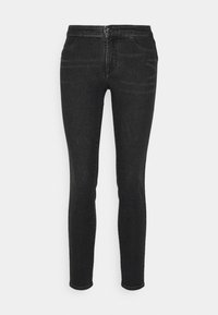 Jeans skinny de denim negro con cinco bolsillos, cierre de botón en la parte frontal y sutiles detalles desgastados. Tejido ligeramente elástico para mayor comodidad.