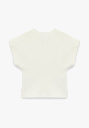 Weißes Kurzarmoberteil mit lockerer Passform, weiten Ärmeln und rundem Ausschnitt. Der Stoff wirkt glatt mit minimalen Nähten.