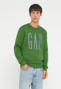 Πράσινο φούτερ με μπλε γράμματα "GAP" μπροστά. Κ Casual εφαρμογή, στρογγυλή λαιμόκοψη, ριχτές μανσέτες και κόμποι. Φοριέται με ανοιχτού μπλε τζιν.