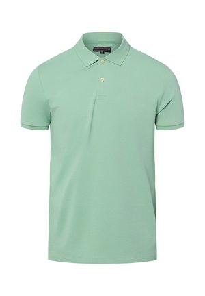 Jasnozielona koszulka polo z krótkim rękawem, dwoma beżowymi guzikami i klasycznym kołnierzykiem, jednolity wzór, z metką wewnątrz linii szyi.