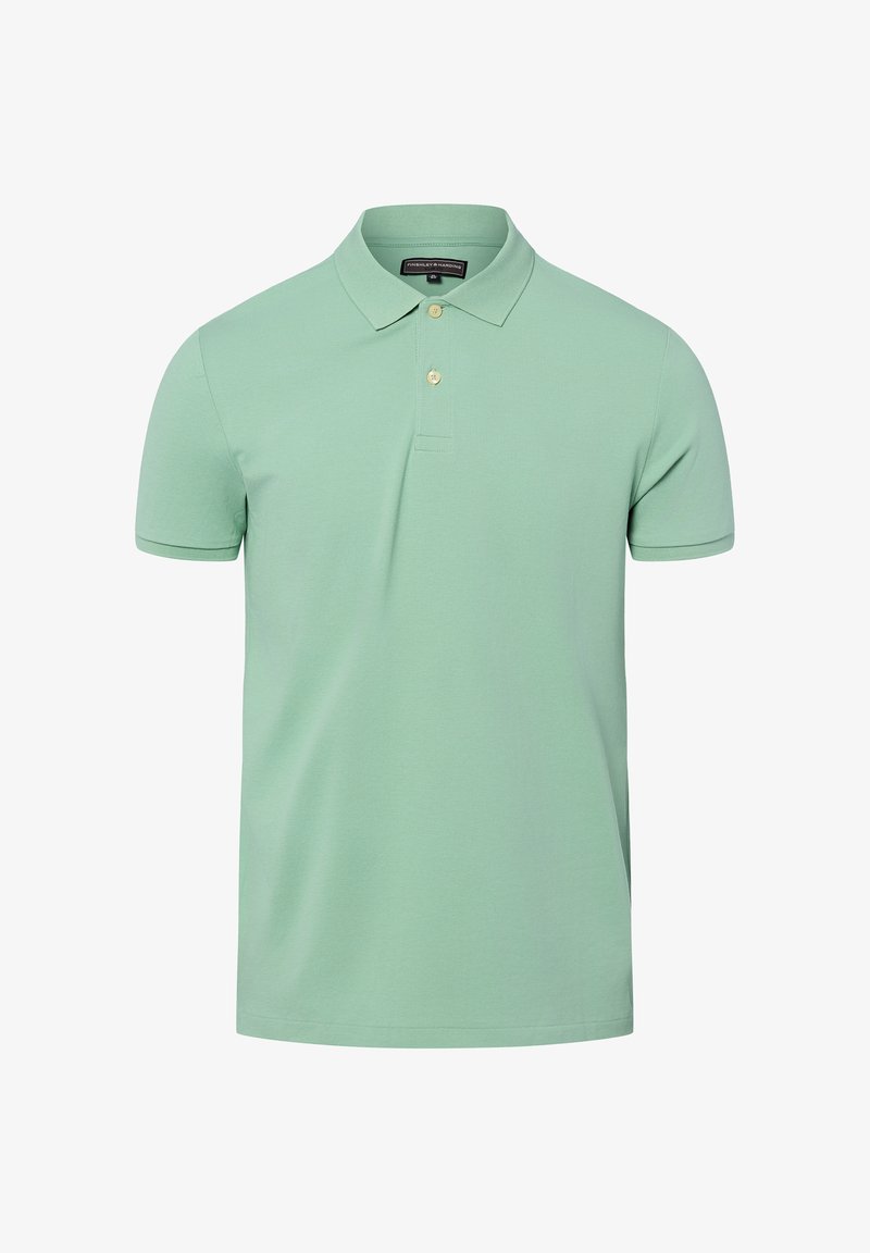 Polo vert clair à manches courtes avec deux boutons beige et un col classique, design uni, et étiquette à l'intérieur de l'encolure.
