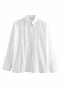 Chemise blanche boutonnée avec col pointu, plis sur le devant, manches longues et coupe décontractée. Confectionnée en tissu lisse et léger.